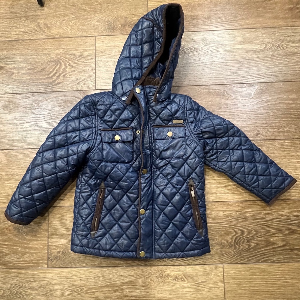 Mayoral Girls Navy Blue Quilted Barn Style Hooded Jacket, Corduroy piping, Sz 6